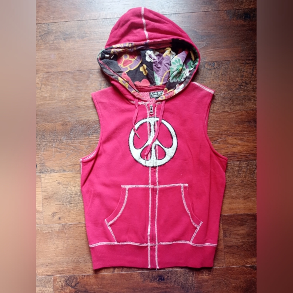 Lucky brand vintage inspired Peace Sign Red Hoodie Vest Size Small